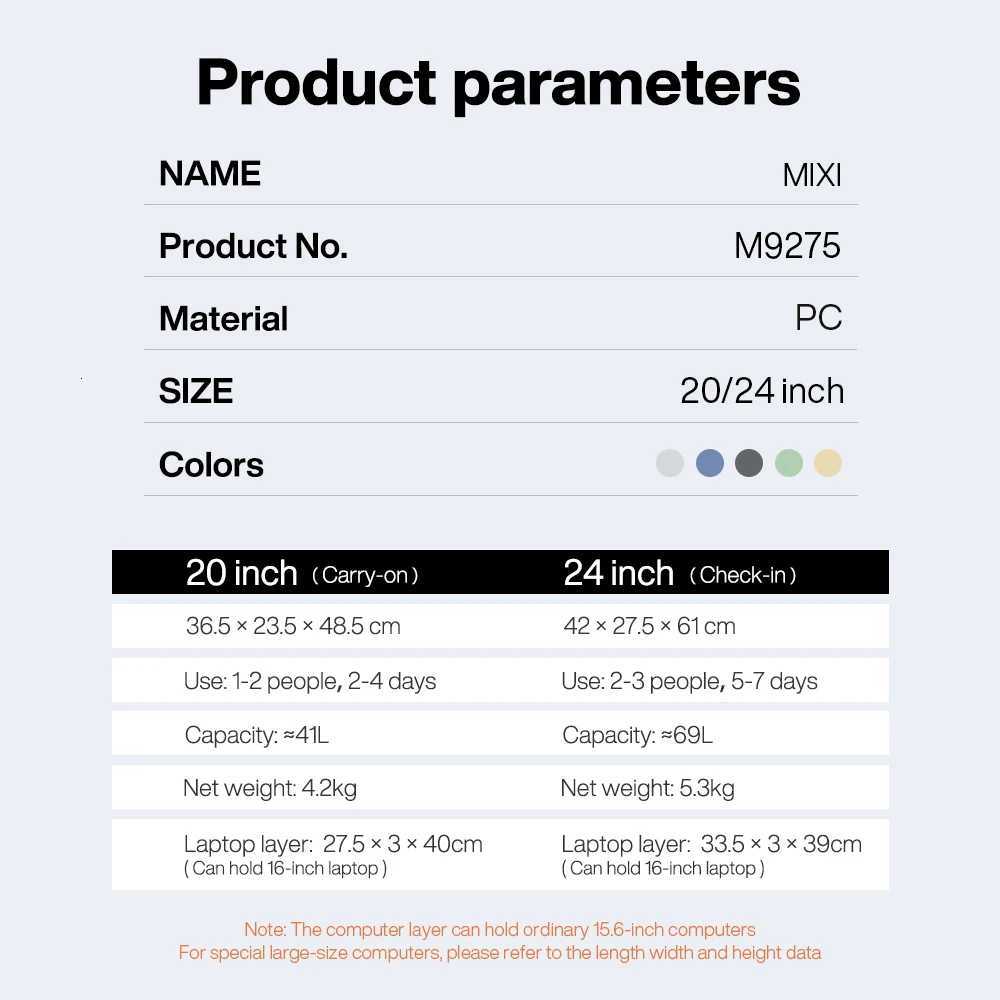 Mixi 2024 New Design Wide Handle Suitcase Men CarryOn Luggage Women Travel Trolley Case 20 Inch Cabin PC Aluminum Frame M9275W251024