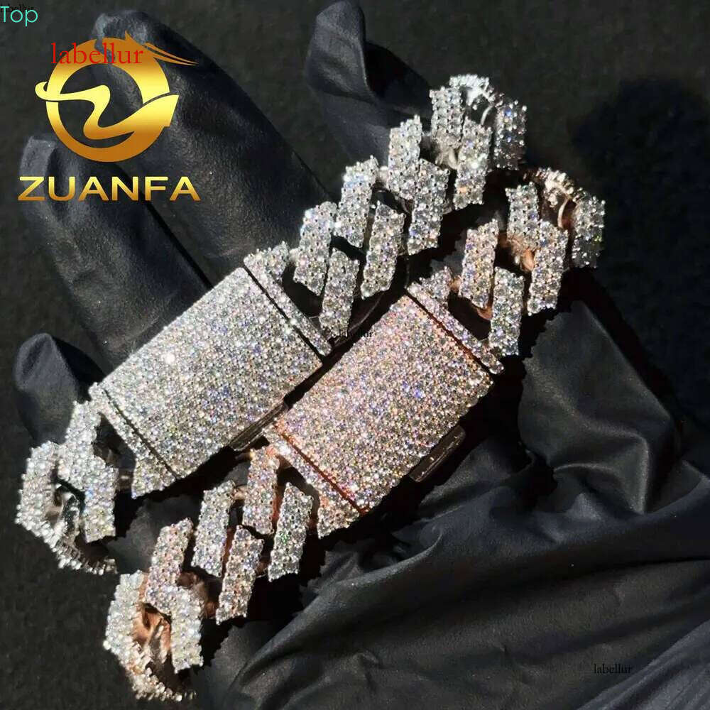 Instock Two Tone 15Mm 2 Row Vvs Moissanite Cuban K Sier Iced Out Hip Hop Bracelet