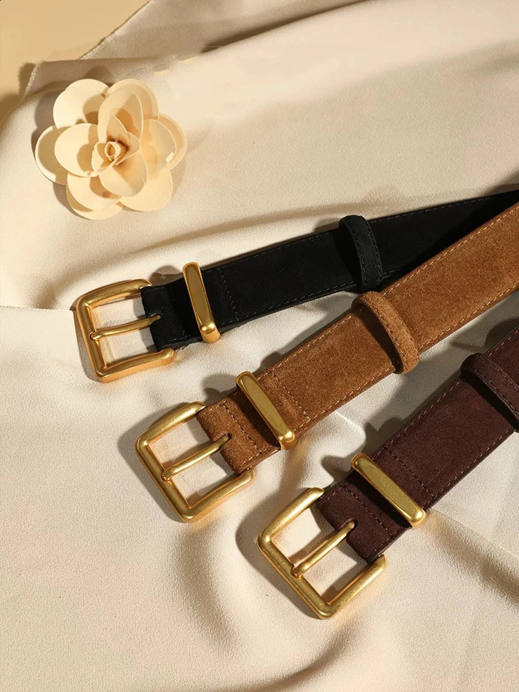 Suede Cowhide Leather Belt for Women Vintage Style with Gold Buckle 33cm Wide Waistband for Dresses Jeans 251013