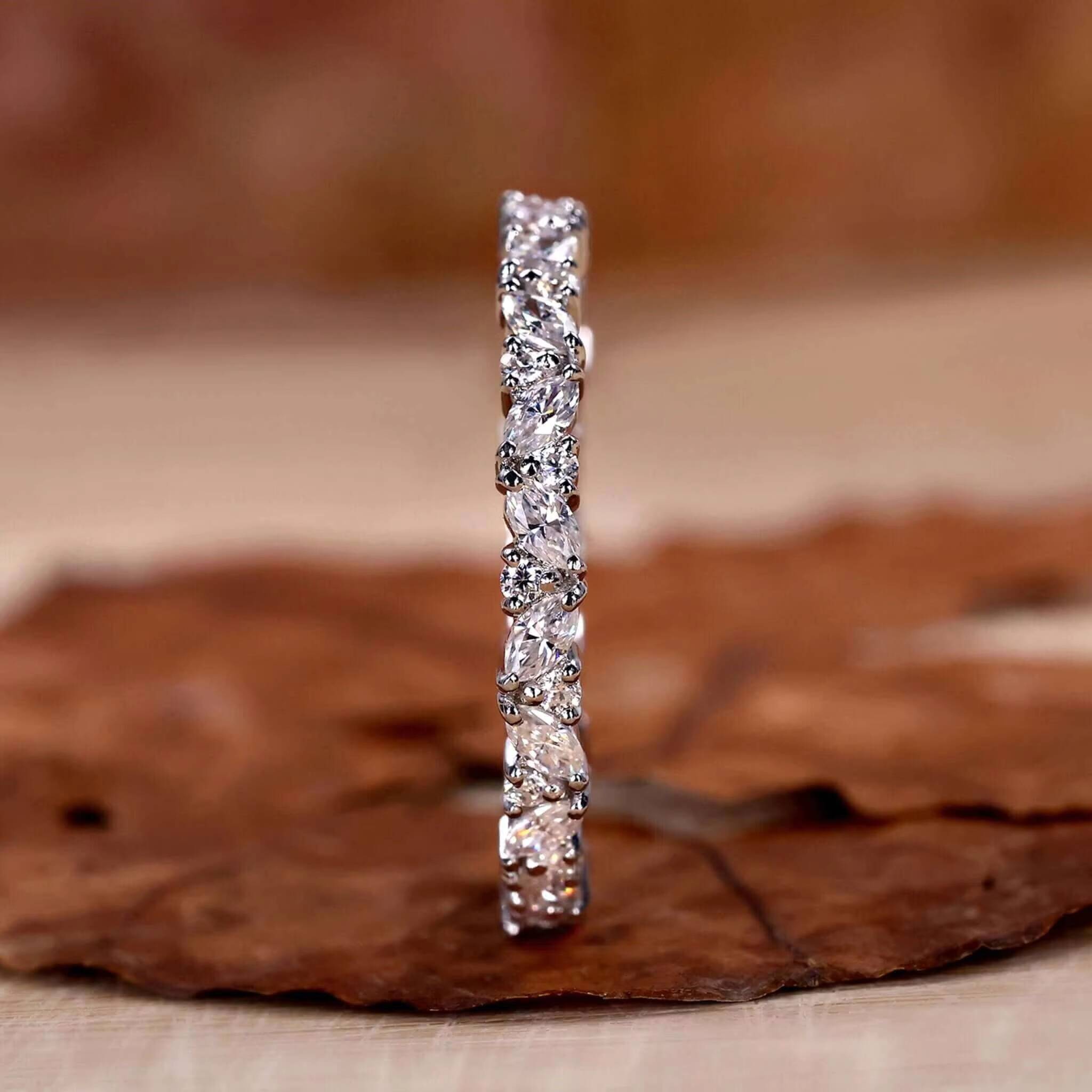 Gia Igi Certified HPHT Lab Grown 14k18k Solid Gold Eternity Wedding Band Ring with Marquise Cut Diamond Certified by Igi