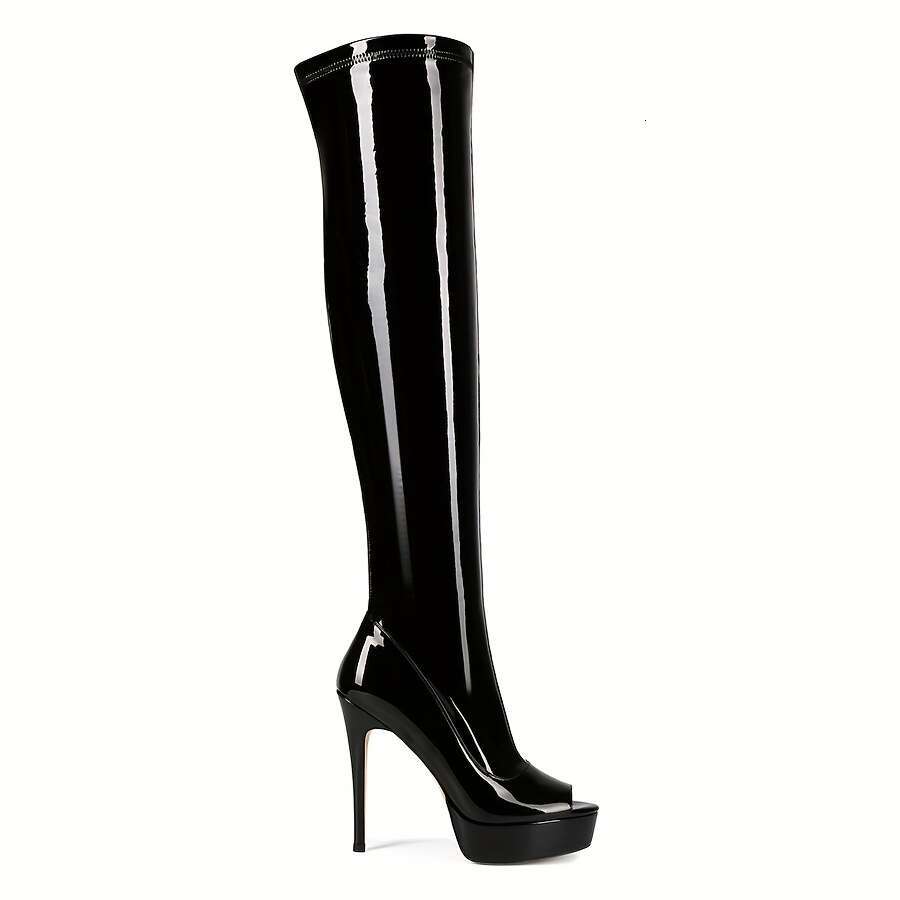 Women's Ultra-High Slip-On Glossy Black Evening Boots With Thick Heels, Slip-Resistant Rubber Sole Party, Formal, Everyday Extended Sizes Availab