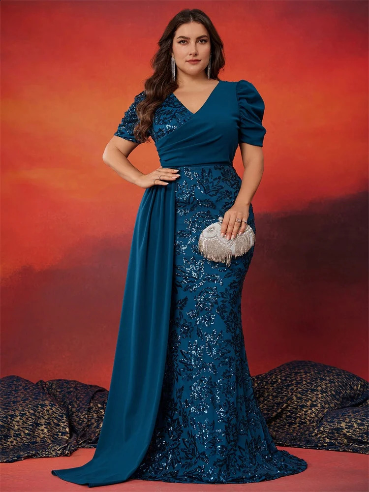 XUIBOL Plus Size Elegant Vneck Sequins Evening Dress Women Short Sleeves Mermaid Formal Party Streamer Prom Dress 251023