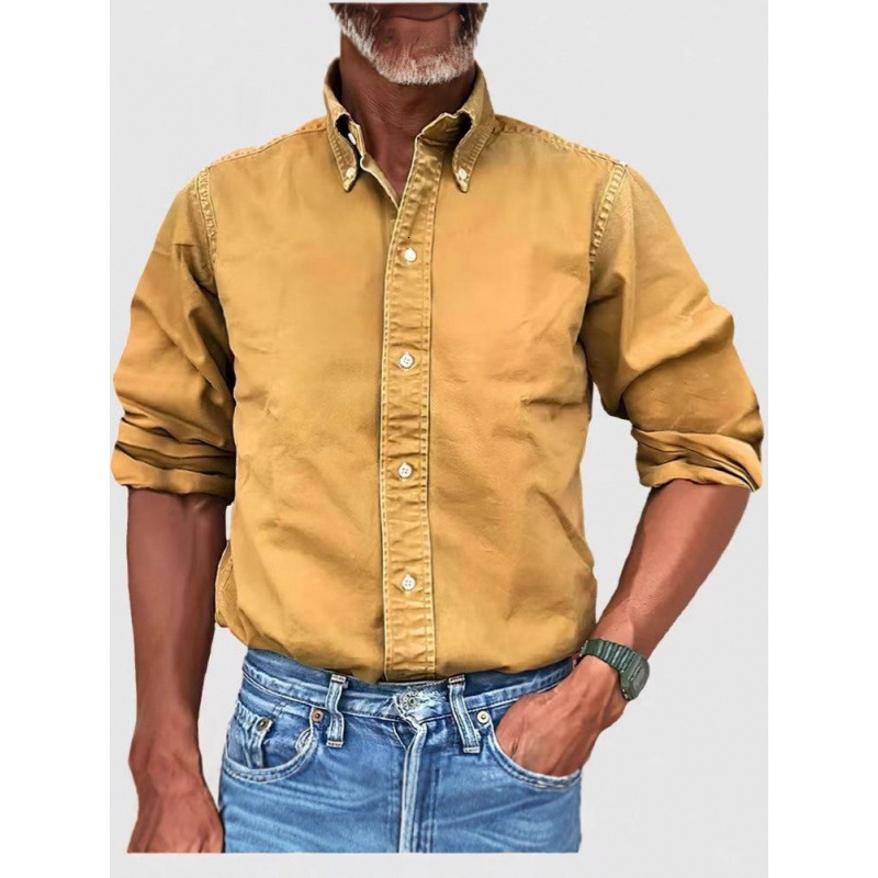 American Retro Anti-Wrinkle, Durable Autumn Winter New Men's Business Casual Urban Versatile Shirt Turn-Down Collar Button Solid Color Shirt for 