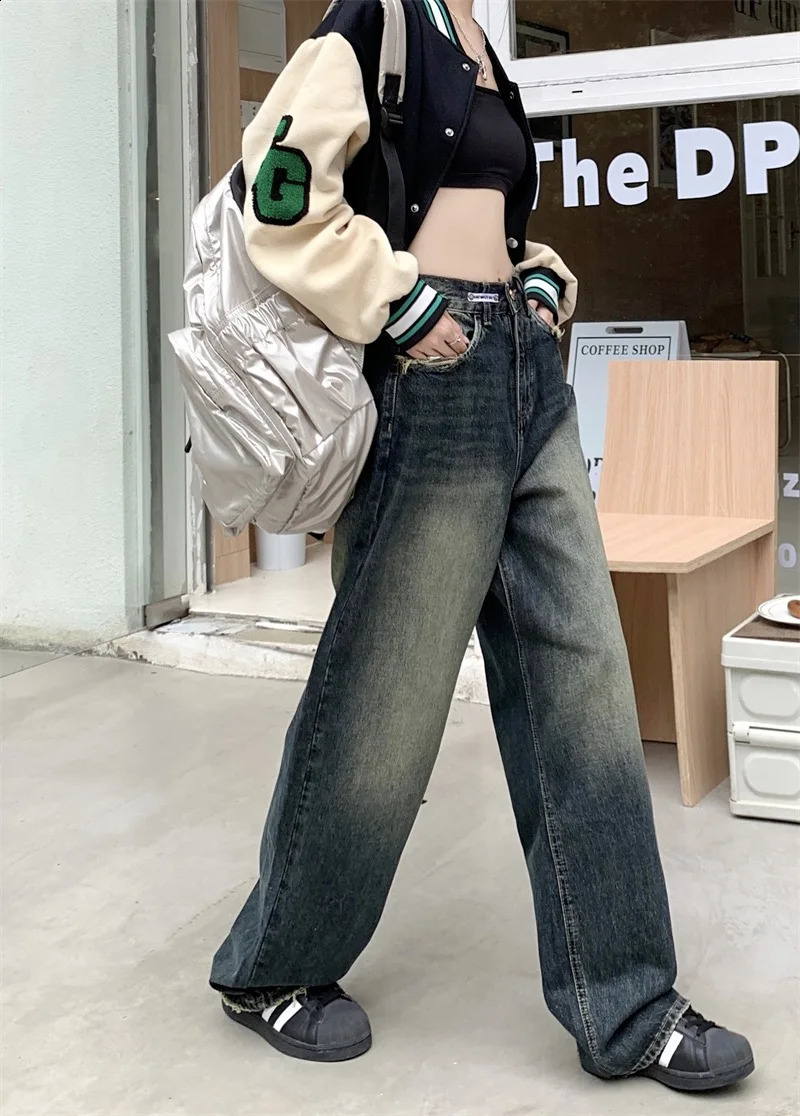 Womens Harajuku Style Loose Wide Leg Jeans Autumn Winter Street Fashion Retro Straight Loose Denim Trousers 251023