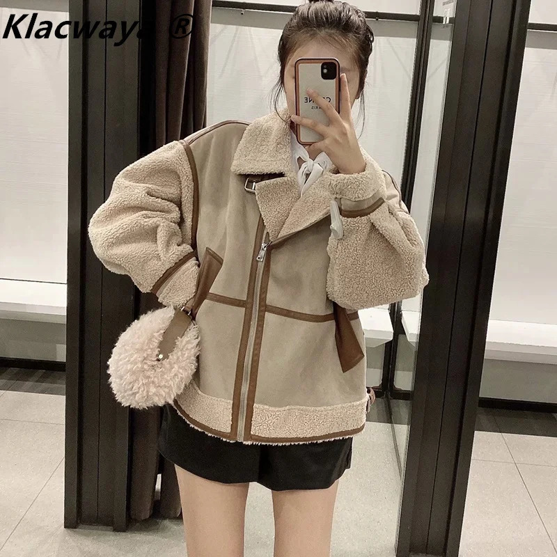 Womens Fashion Stitching Faux Leather Lamb Jacket With Zipper Decoration Stand Collar Thickening Warm Winter 251021