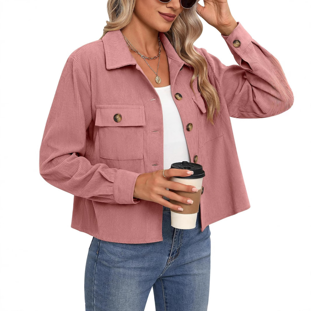2025 Women's Fashion Casual Short Corduroy Button-Up Crop Jacket Top