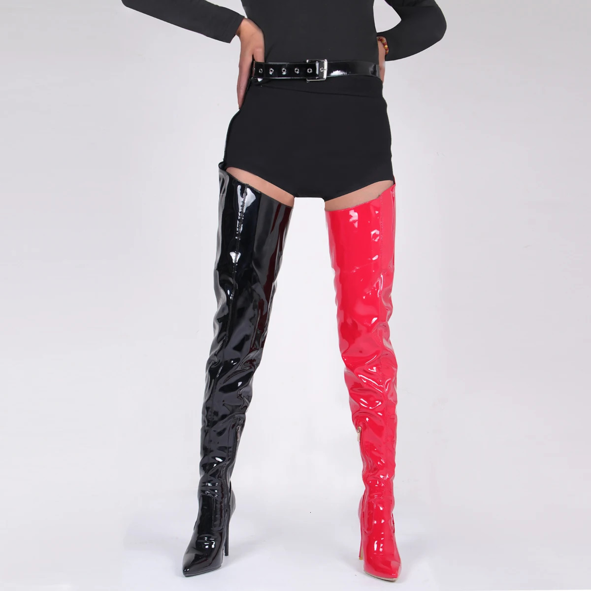 Red Patent Leather Waterproof Women Over The Knee Boots High Heels Solid Pointed Toe Stiletto Night Club Bar Womens Boots 251023