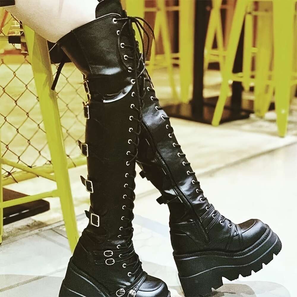 Women's Goth Wedge High Heel Platform Long Thick Round Toe Lace Up Buckle Strap Pull On Over The Knee Fashionable Cosplay Halloween Party Coffee 