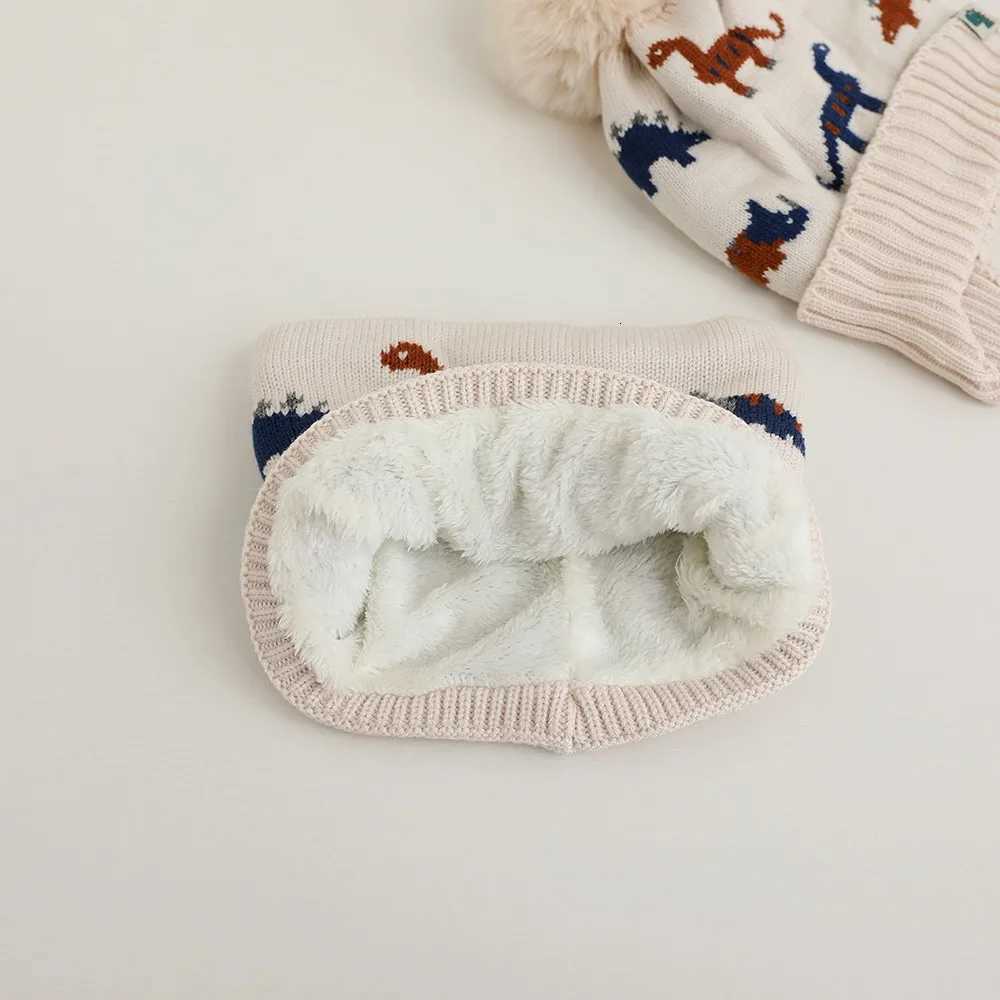2pc312Y Childrens Little Dinosaur Knitted Cap Childrens Warm earprotecting hat Scarf Set autumn and winter hatL251024