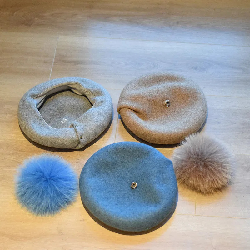 Beret Women Winter Wool Hat Real Fur Pompom Warm Ski Accessory For Autumn Cold Weather Sport Outdoor Holiday 251023