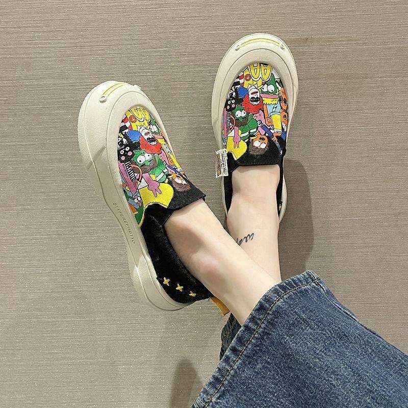 Hand-painted Stylish Canvas Shoes for Women, Loafers, Open Smile Thick-soled Slip-on Shoes, Graffiti Sports Casual Sneakers