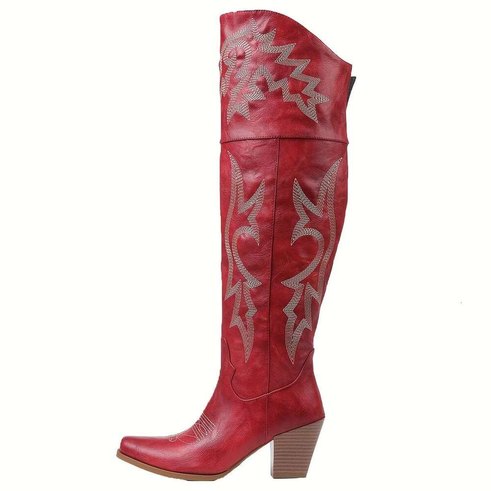 Cowgirl Western Knee High With Embroidery, Pointed Toe And Chunky Heel, Zipper Boots, Retro Outdoor Cowboy Boots For Women