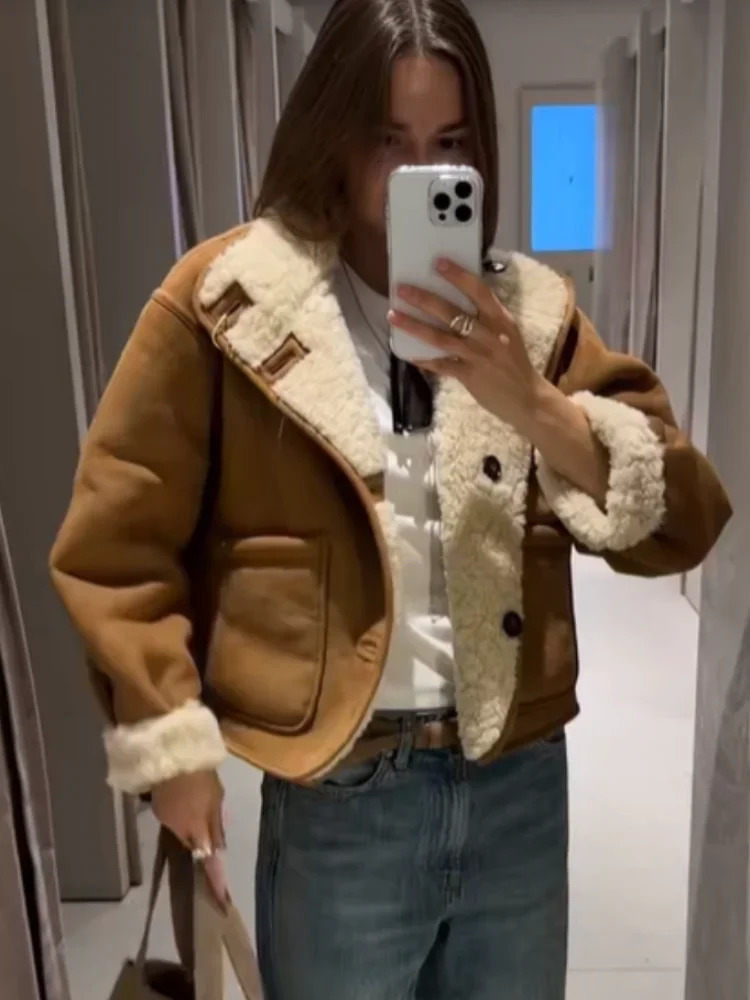 Lamb Wool Cropped Lapel Jackets Women Casual Singlebreasted Loose Warm Stand Collar Coats Commute Office Lady Outerwears 251021