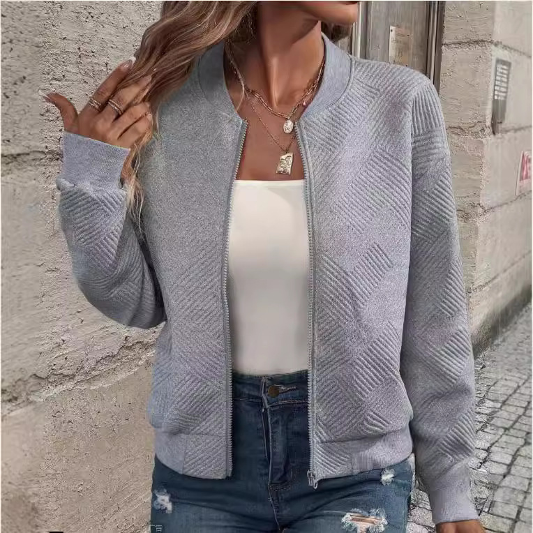 2025 Spring Stylish Half High Collar Zipper Knitted Cardigan Long Sleeve Elegant Coat Women