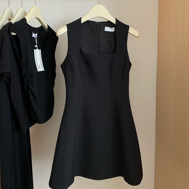 M41250 French square neck waist vest dress women's spring and summer new temperament slim little black dress