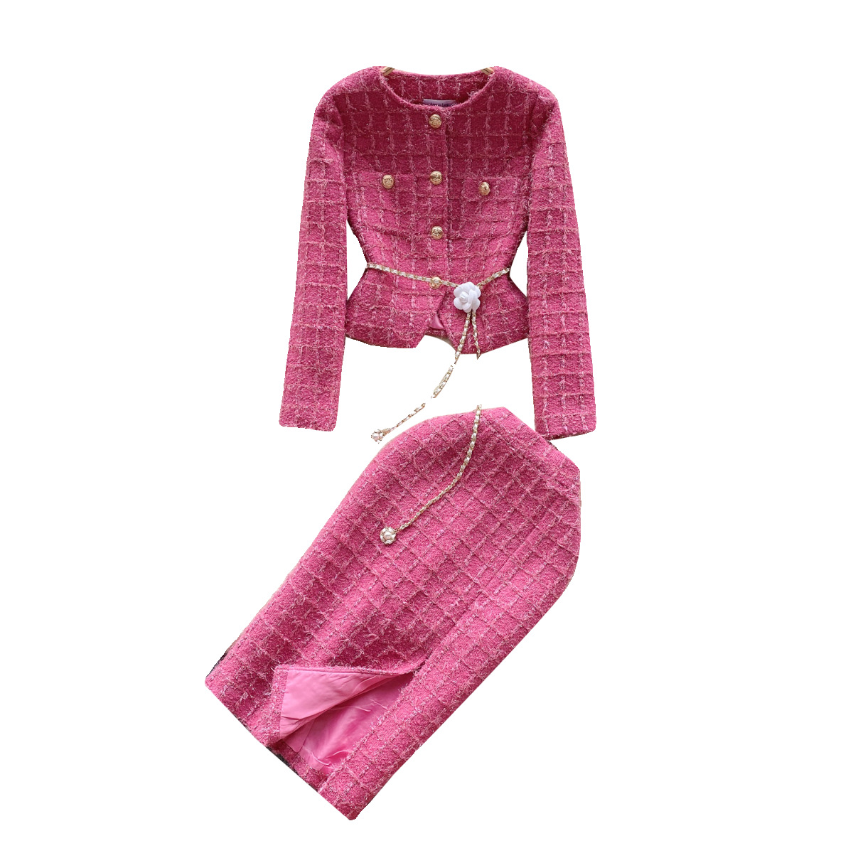 Light Luxury 2 Pieces Set For Women Round Neck Single Breasted 3D Flower Bandage Coat + New Fashion High Waist Skirt