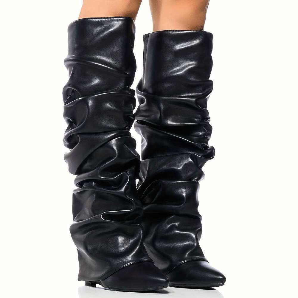 Knee Shark For Women, Fold Over Ruched Slouchy Pleated With Wedge High Heels Pointed Toe Pull On Mid Calf Boots