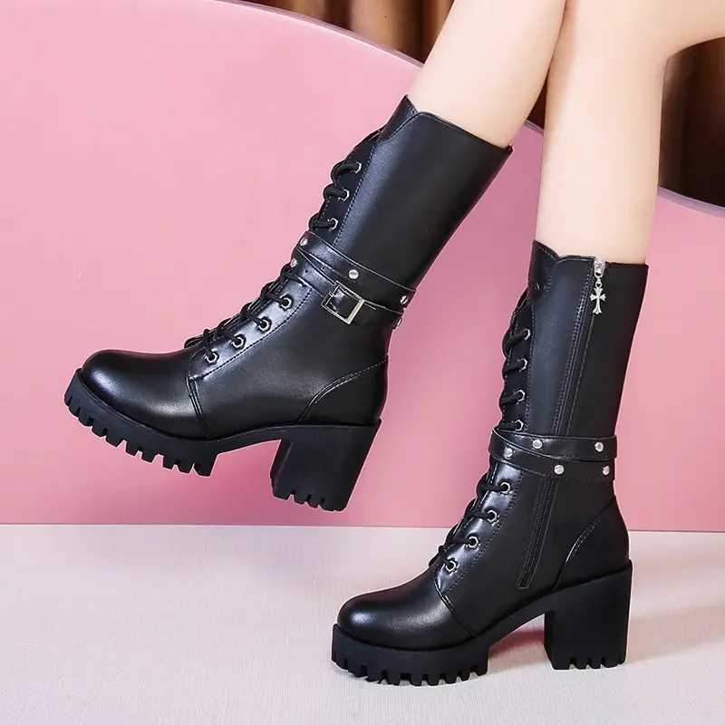 Winter New Solid Color Thick Sole Increase Buckle Design Model Boots Round Head Square Heel Nonslip Womens Midcalf Boots W251024
