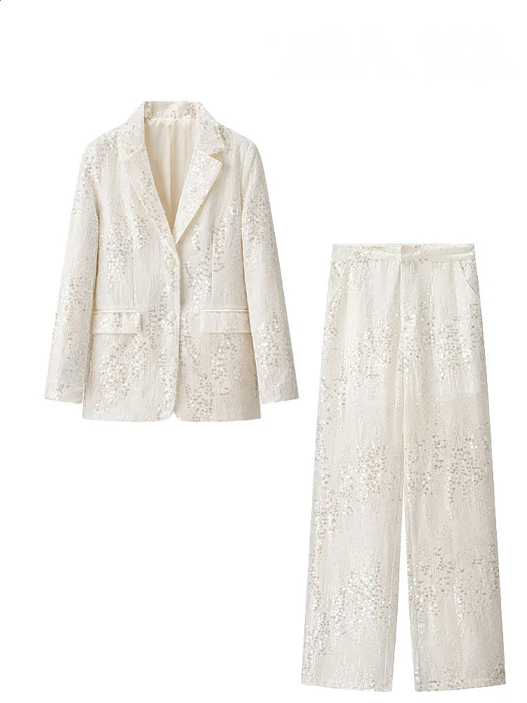 HH Female Sequins Sets TurnDown Collar Pockets SingleBreasted BlazersHigh Waist Zipper Trousers Womens Autumn Pant Set 251023