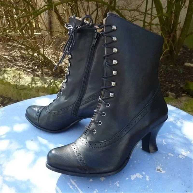 Winter Lace Up Ladies High Heel Shoes Motocycle Boot Victorian Boots Women Fashion Pointed Toe Thick Soled Short Boot 2024 W251024