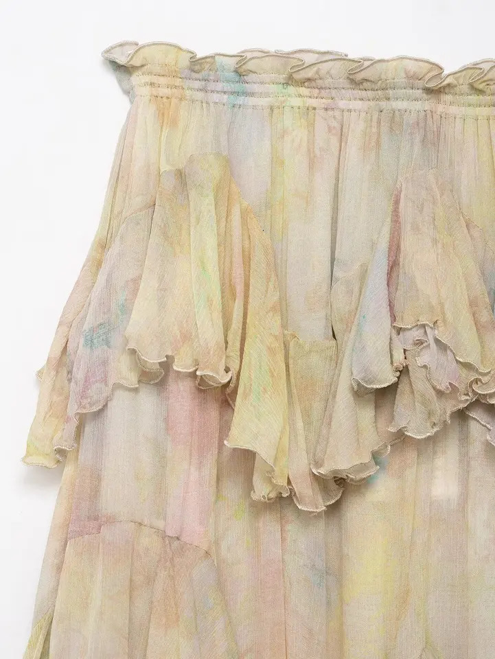 KONDALA Vintage Flower Print Long Skirts High Waist Ruffles Chiffon Fashion Autumn Boho Holiday Party 251017