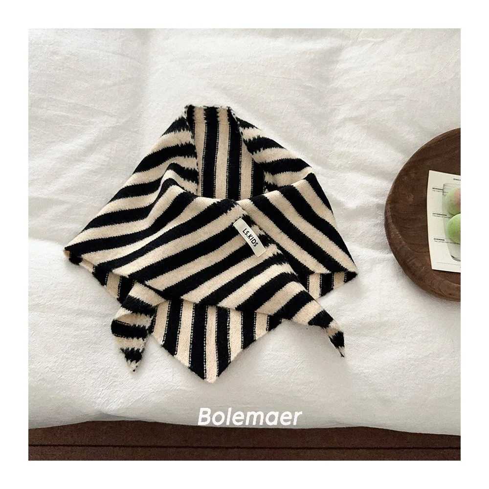 NewBaby Kids Autumn Winter Black Apricot Striped Wool Knitted Scarf Small Scarf Versatile Warm Korean Triangle Warm Soft Scarf Y251024