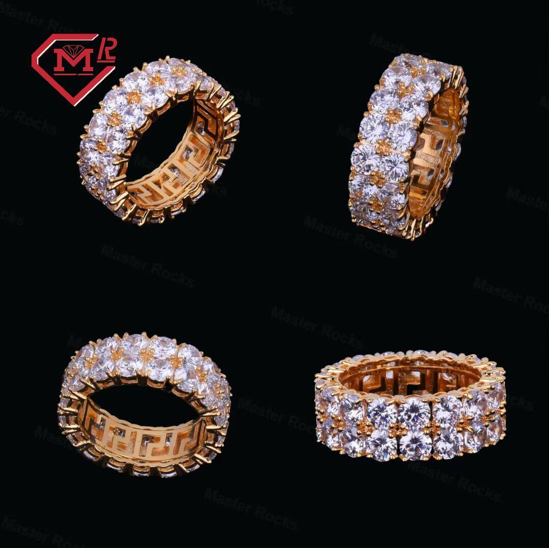 Shining Couples Iced Out Ring Two Rows Tennis Edition 925 Silver Moissanite Mens Ring