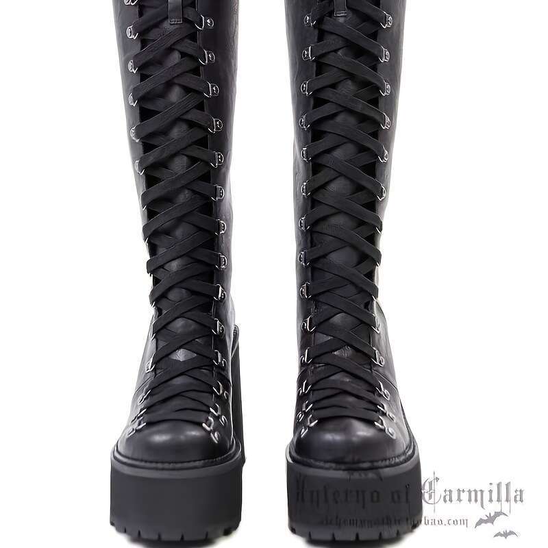 Women's Rock Heavy Metal Chunky Platform Heels, Lace-Up Closure, PU Sole Edgy Punk Boots For Concerts, Parties, Everyday - Synthetic Cover Gothic