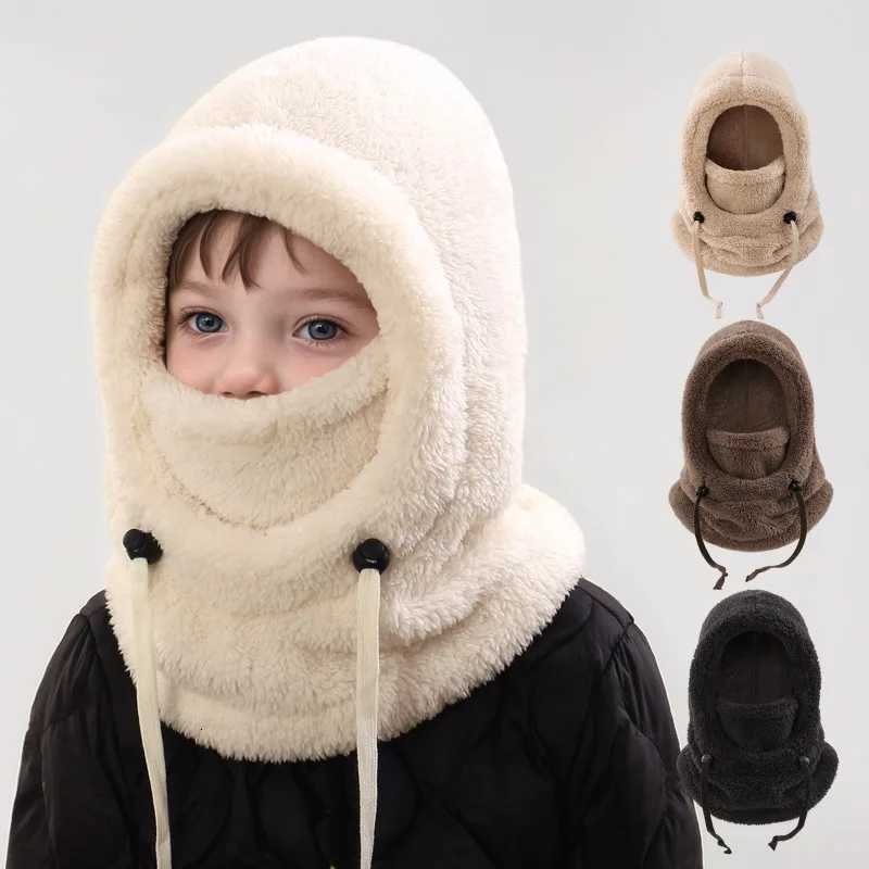 Kids Winter Sports Balaclava 3in1 Fleece Face Mask Hat Neck INS solid color Warmer Windproof furry hats for Skiing CyclingL251024