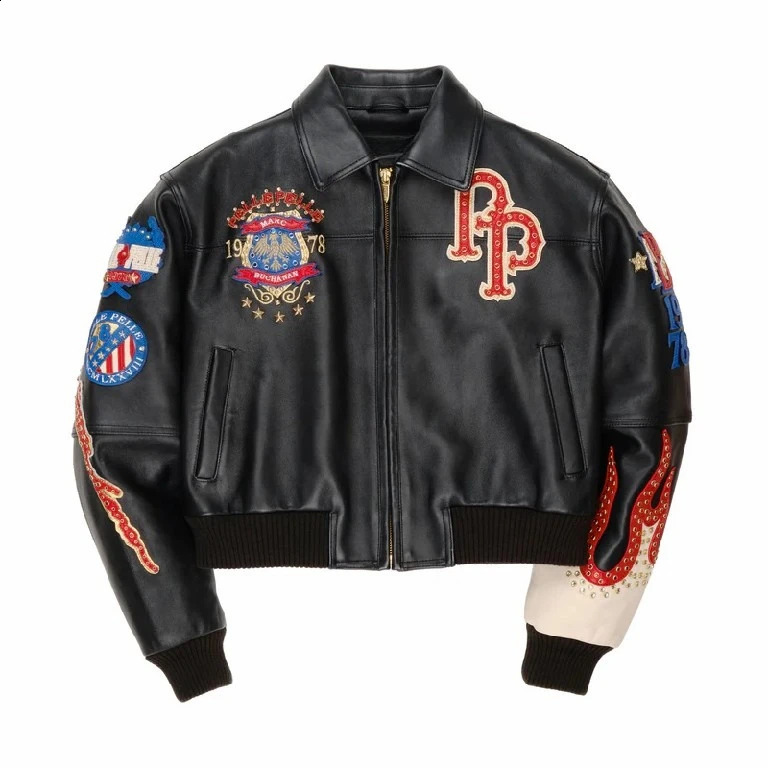 Streetwear Vintage Embroidered Leather Jacket Y2K Men Motorcycle Jacket Sequin Hip Hop Embroidered Patches Oversized Casual Coat 251023
