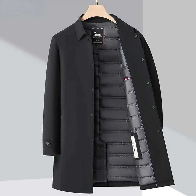 Luxury Brand Long Down Jacket Mens Winter Casual Thick Flip Collar White Duck Down Warm Parka Business Lightweight Trench Coat Z251024