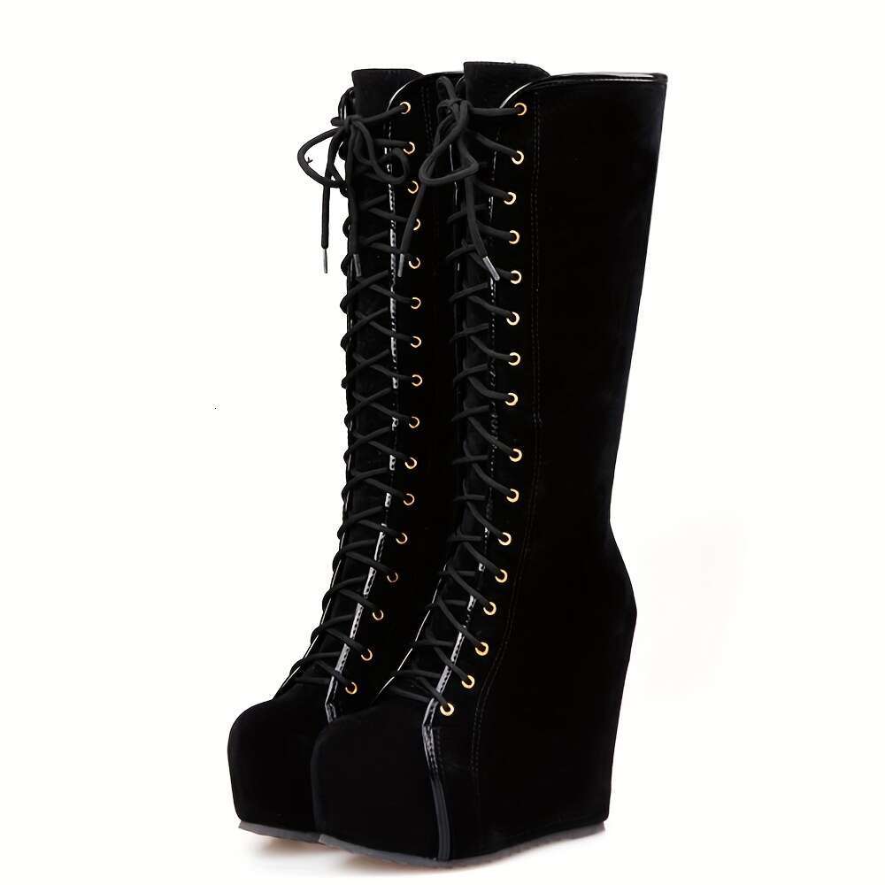 EROCALLI Women's Gothic Y2k Platform Wedge Knee-High Boots - Chunky Lace-Up With Side Zipper, Faux Cover Rubber Sole For Casual & Daily Wear, Hig