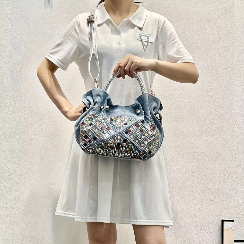 1 Women's Mini - Retro Inlaid Pleated Design, Adjustable Crossbody Shoulder Strap, Polyester, Light Blue/Blue Zipper Closure Handbag, Suitable Fo