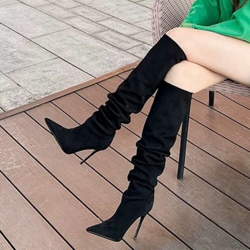 Women's Sexy Pointed Wrinkled Stiletto Over-The-Knee Boots, Fashionable Long Boots For Nightclubs And Evening Parties