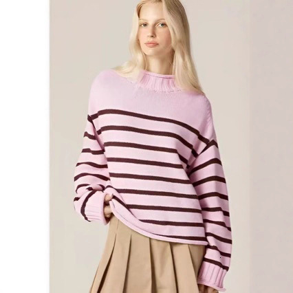 2025 Autumn Winter Women Striped Warm Knitted Pullover Elegant O-neck Long Sleeve Loose Pink Sweater