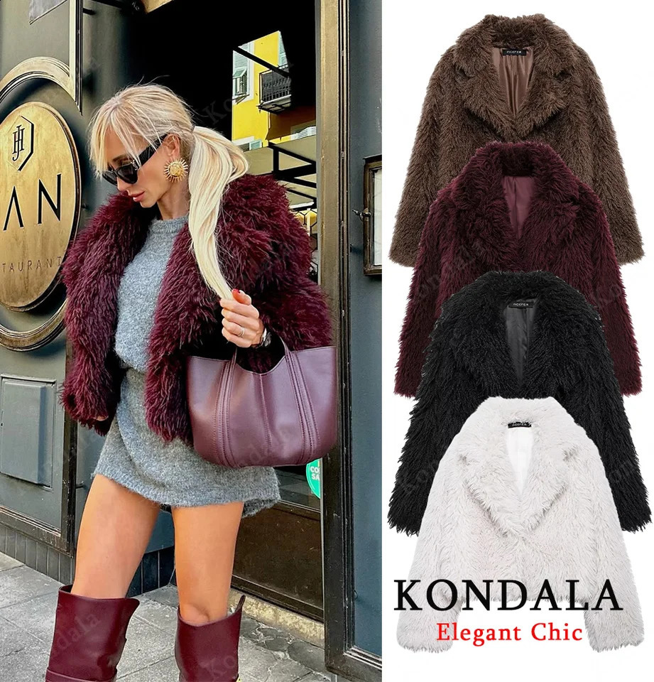 KONDALA Fluffy Fur Short Coat Womens Fall Winter High Street Faux 2025 Fashion Elegant Vintage Ladies Lapel Y2K 251018