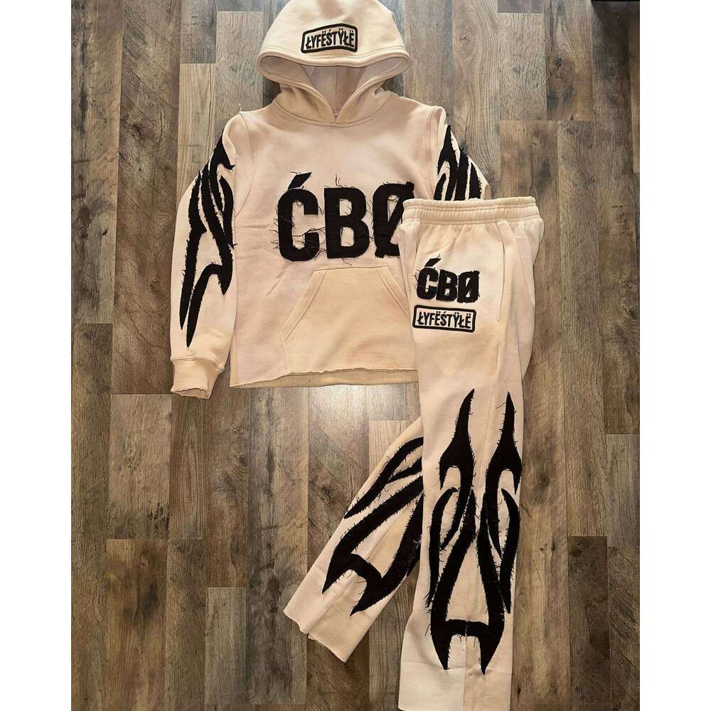 American Style Autumn Winter Trendy Brand Hooded Letter Patch Sweatshirt Unisex Pocket Wide Leg Pants Set