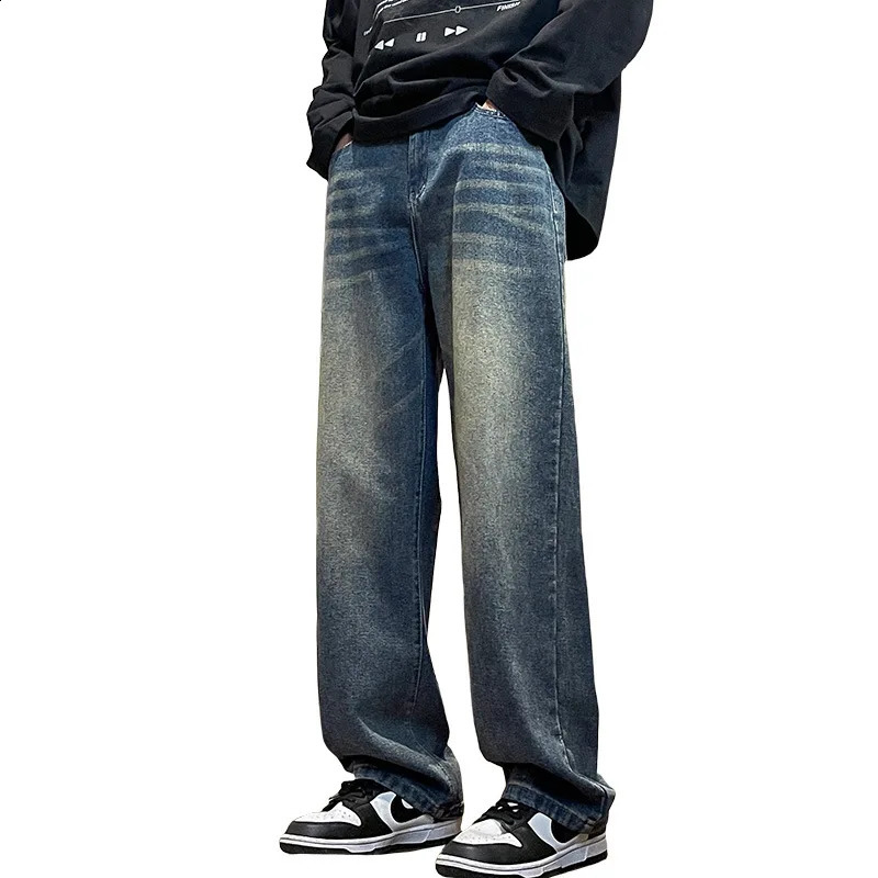 retro blue jeans mens straight leg loose autumn spring pants trendy cool American high street wide 251018