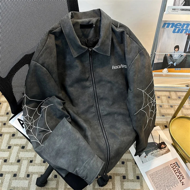 Europe United States high Street Spider Embroidery PU Leather Jacket Mens Wash to do Fashion Trend Coat 251016