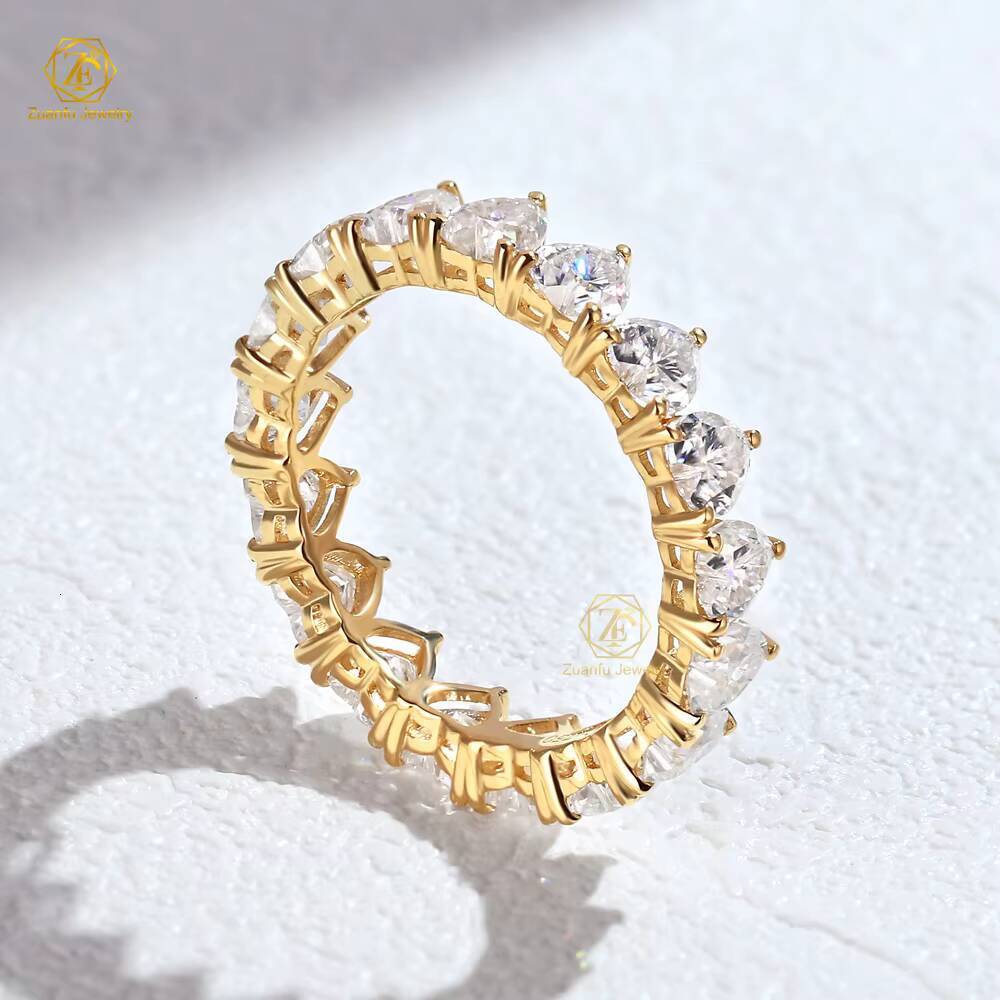 Custom Pure Diamond Tennis Eternity Jewelry Band Heart Moissanite 18K Soild Gold Wedding Bands Rings