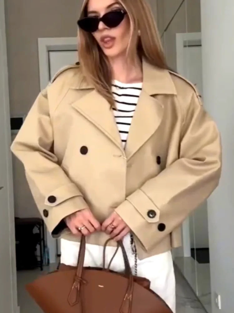 Brown Double Breasted Short Trench Coats Women Casual Lapel Long Sleeve Pocket Cropped Jackets Lady Commute Office Street Wear 251021