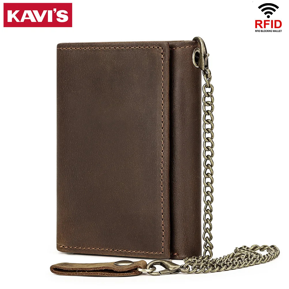 KAVIS Crazy Horse Leather Wallet For Men With AntiTheft Chain Trifold Male Clutch Money Bag y Small Coin Key Purse 251014