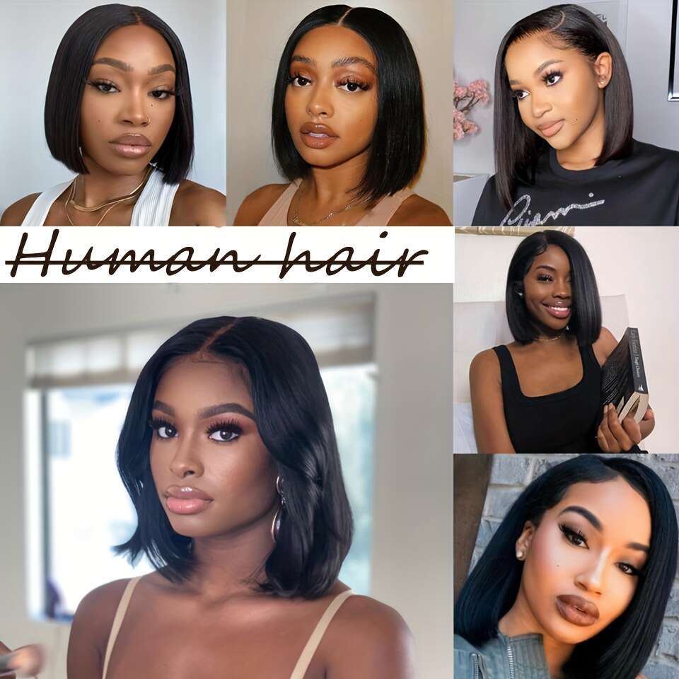 200% Density Short Bob Front Human Hair Straight Wigs For Women 13x4 HD Transparent Brazilian Lace Frontal Wig Pre Plucked Natural Black Color