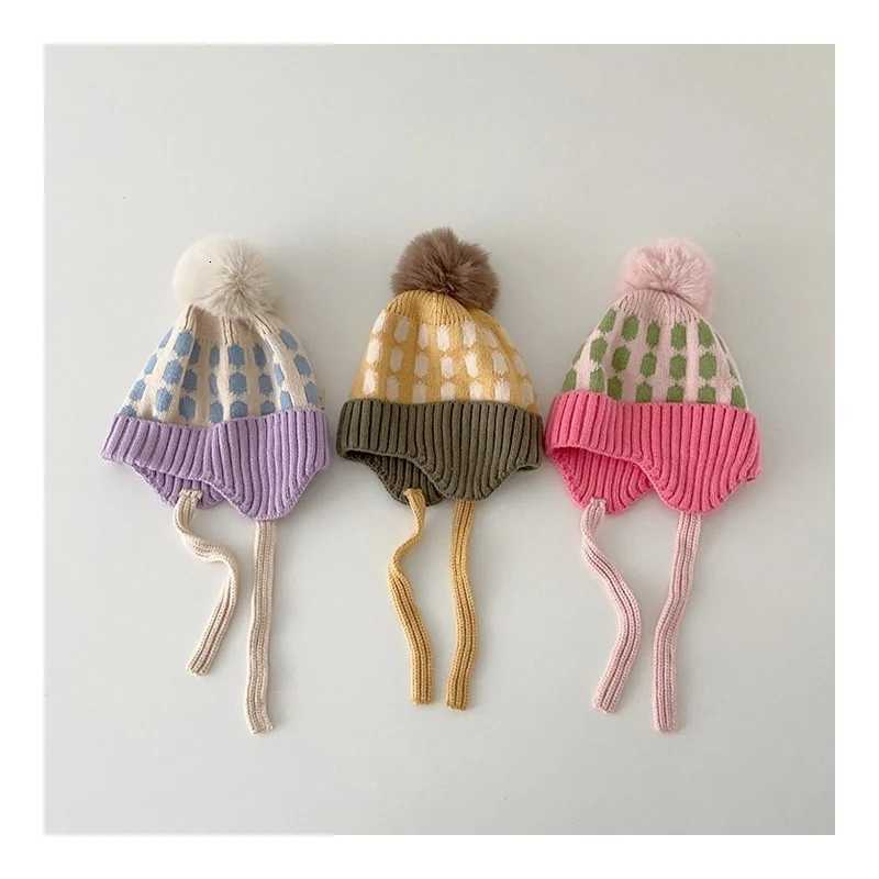 Korean Style Kids Knitted Hat with Straps Large Pom Colorful Checkered Earflap Beanie Boys Girls Autumn Winter Warm HatL251024