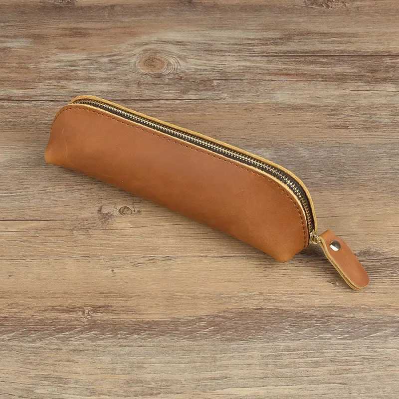 Handmade Genuine Leather Pencil Bag Retro Simple Stationery Holder Pen Case Storage Bag Zipper Pencil Pouch Glasses Case Z251023