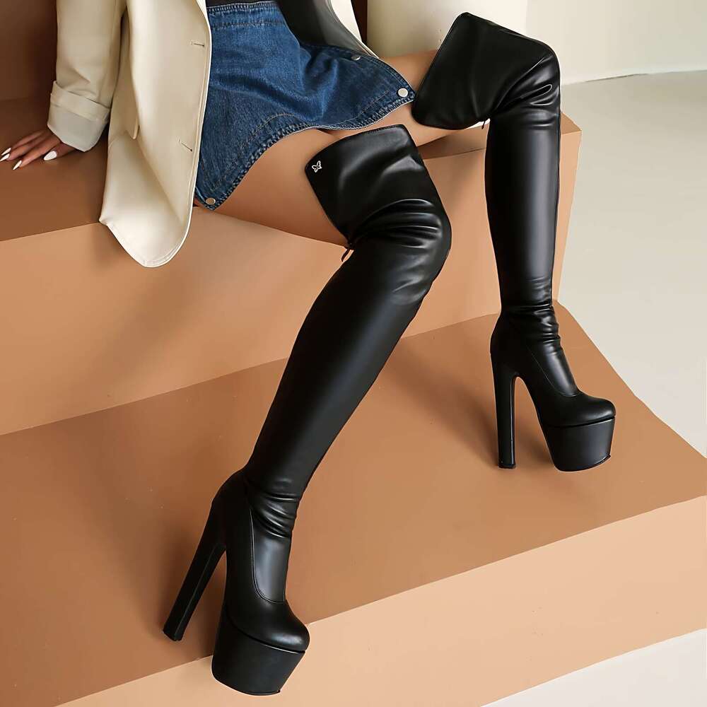 Women's Over-The-Knee Boots 2024 Fall Winter Collection Solid Color, Super High Heel, Round Toe, Faux Leather, Zipper Closure, Plush Liner, Non-W