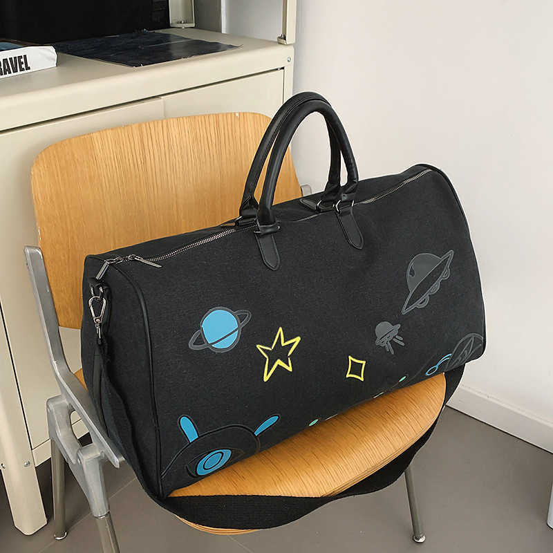 Korean Style Fashion Large Capacity Canvas Travel Bag Cartoon Graffiti Business Trip Short Distance Couple Shoulder Bag Gym Bag