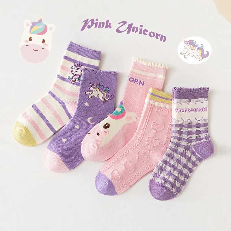 CHIldrens SOCKS Spring Cotton SOCKS Girls Calf SOCKS Purple cartoon SOCKS Kids Trendy Pattern SOCKS 5 Pairs J251024