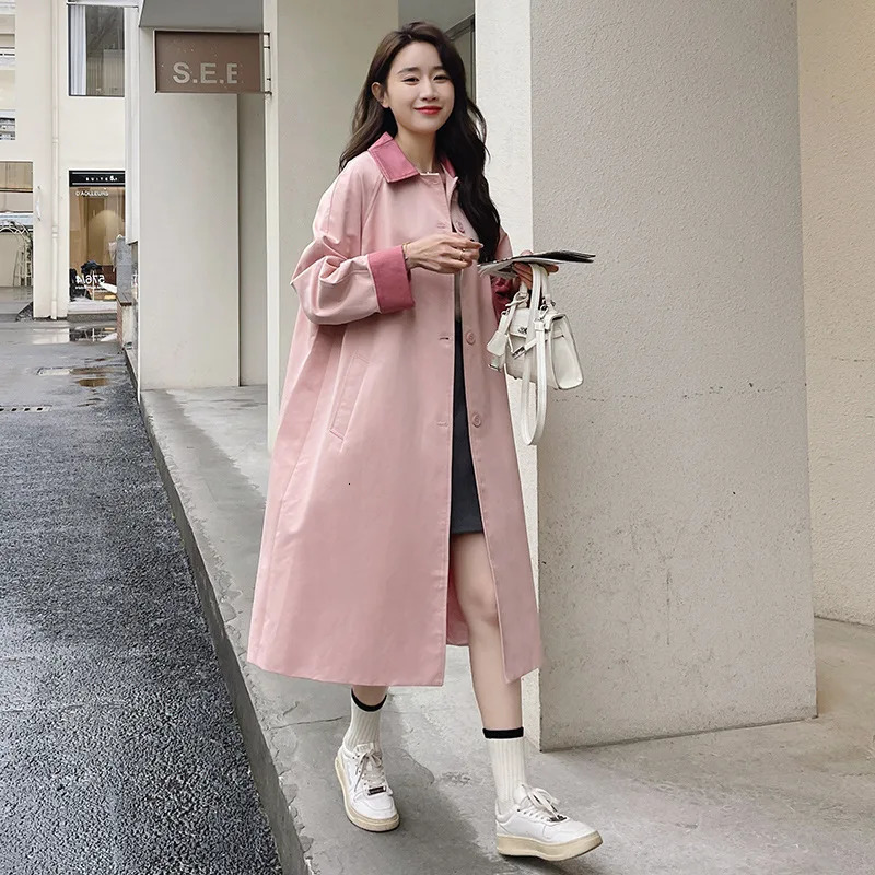Women Spring Long Trench Coat Contrast Color Pink Single Button Fashion Casaco Feminino Femme 251021