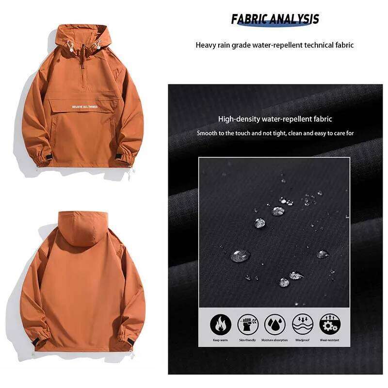 New Men Spring Autumn Waterproof Casual Versatile Top Streetwear Fashion Loose Pullover Half Zip Hooded Jacket